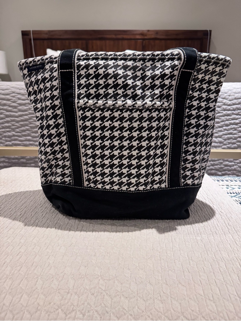 NWOT Land’s End 5 Pocket Open Top Canvas Tote Bag, size Medium Houndstooth Print